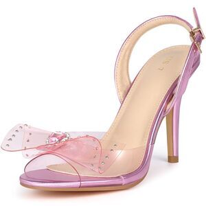 Bow Rhinestone Peep Toe Slingback Stiletto Heels Clear Sandals Clear Purple